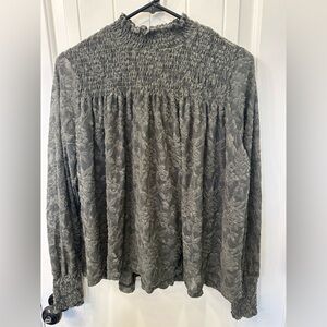 Deletta Anthropologie Smocked Mock Neck Blouse Lace Floral Dark Green Top S